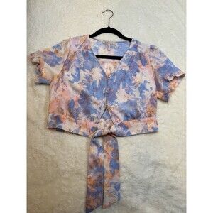 BCBGeneration Women's Cropped Abstract Pastel Multicolor Tie Front Blouse Small